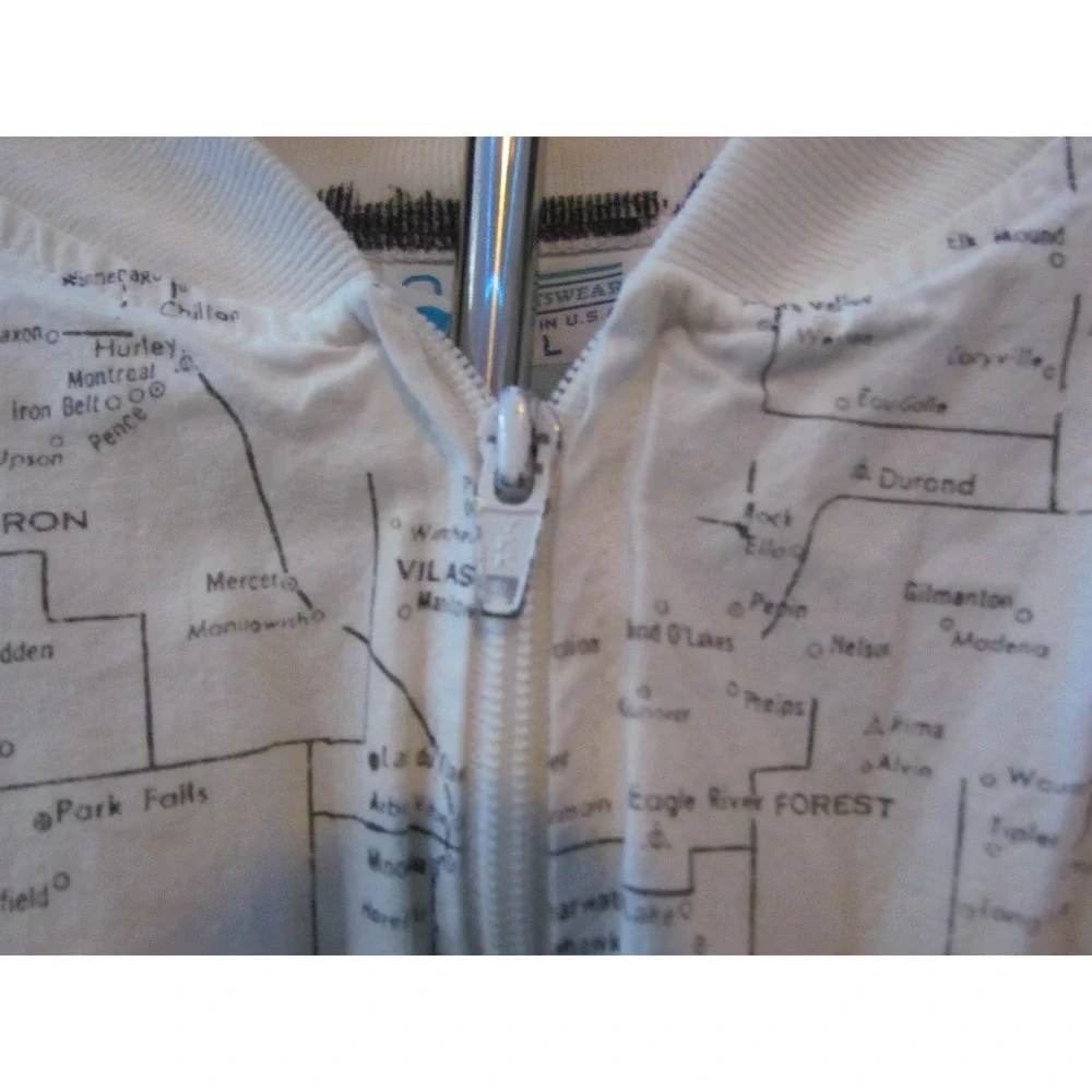 J Sportswear Bomber Jacket Large White Wisconsin Map Print Vintage Made in USA